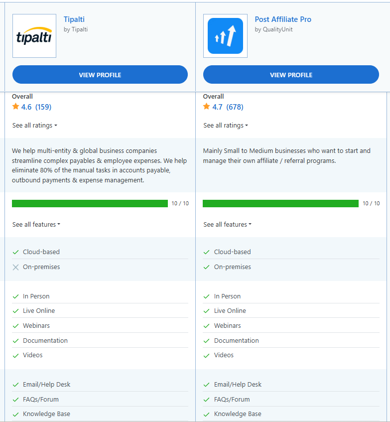 Post Affiliate Pro vs Tipalti confronto delle funzionalità.
