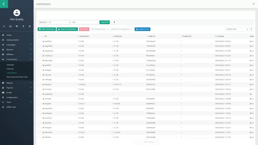 Grafico che mostra la panoramica delle commissioni in Post Affiliate Pro.