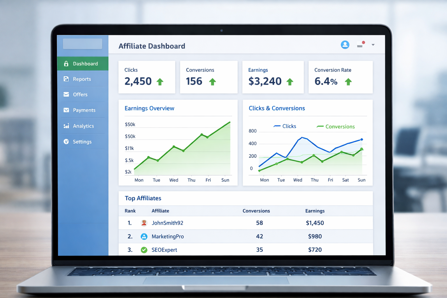 Modern affiliate dashboard interface with real-time performance metrics