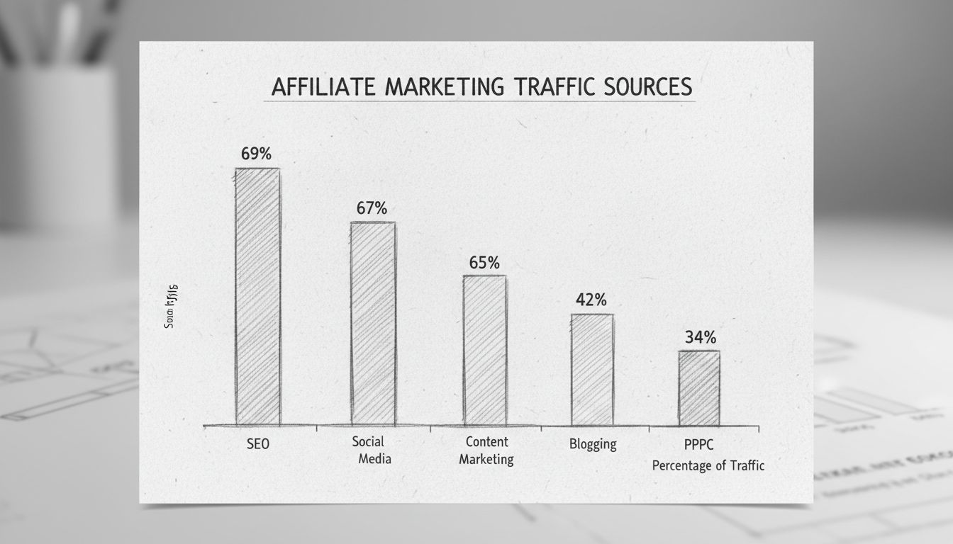 Fonti di traffico del marketing di affiliazione: SEO 69%, Social Media 67%, Content Marketing 65%, Blogging 64%, Email 42%, PPC 34%