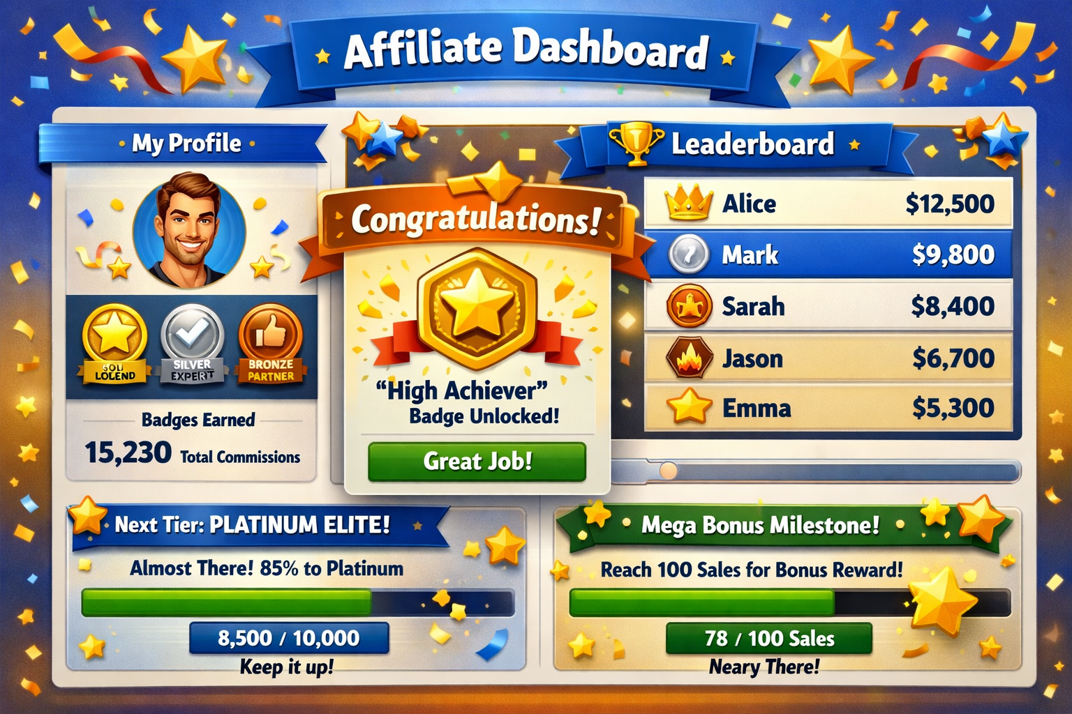 Affiliate dashboard with gamification elements including badges and leaderboards