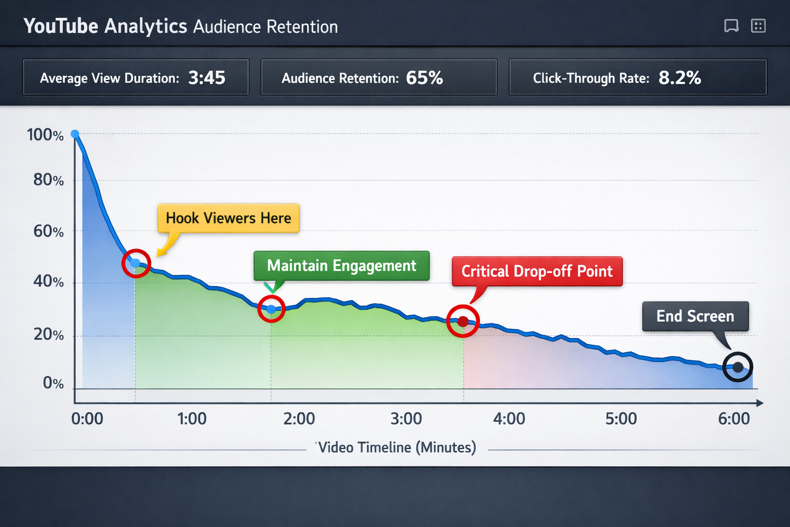 YouTube Analytics retention curve showing drop-off points and engagement metrics