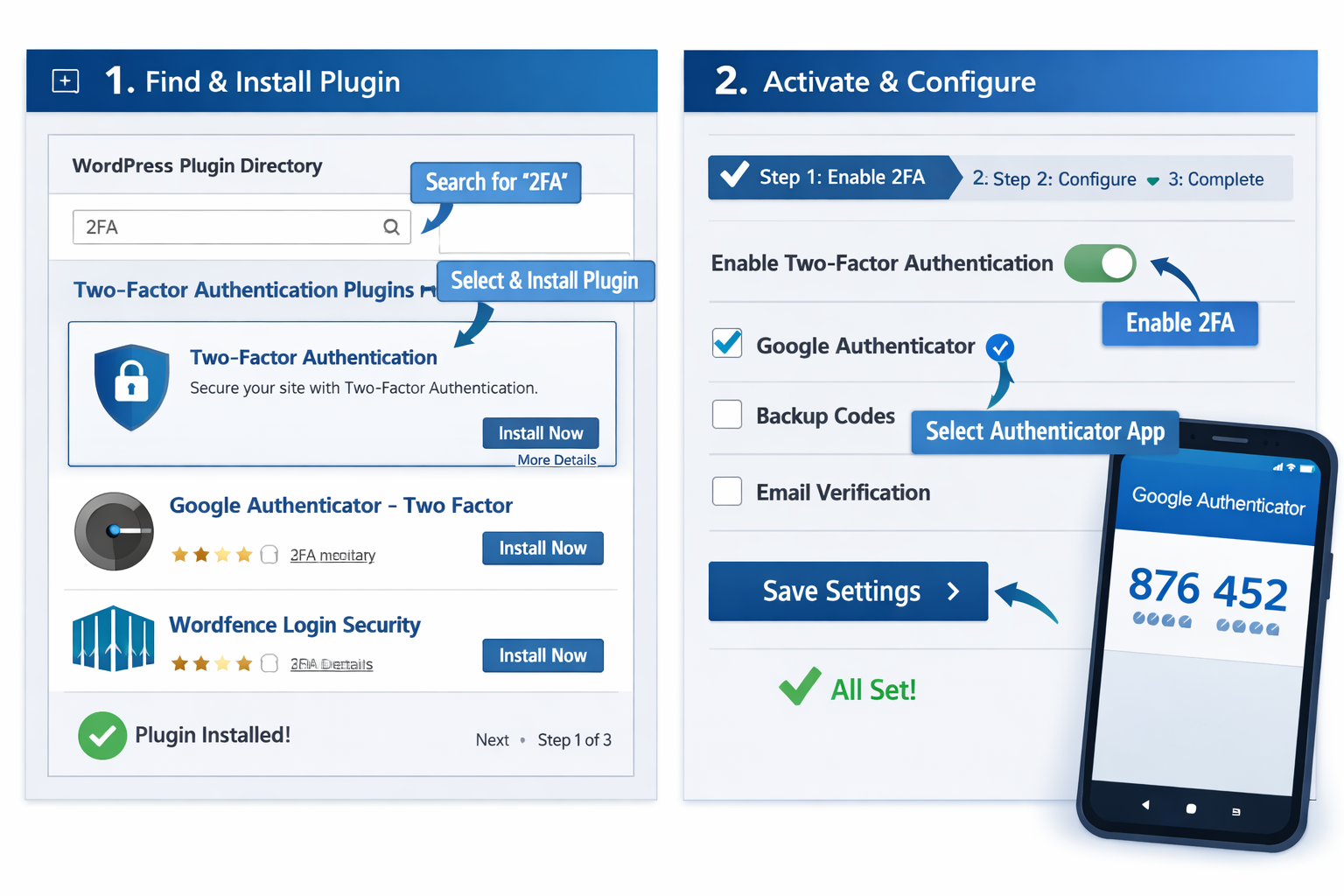 WordPress plugin installation and 2FA setup process