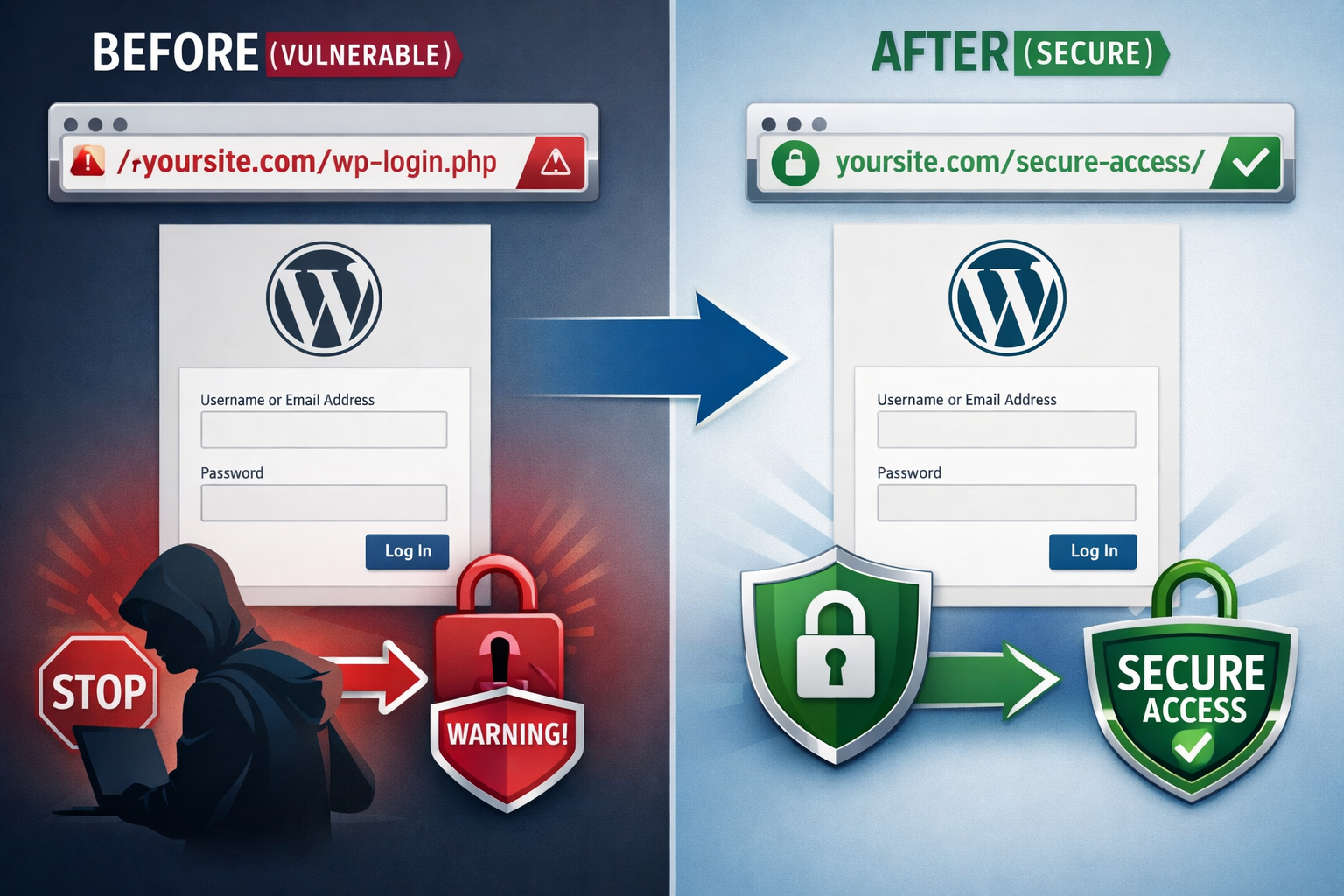 WordPress login URL change visualization before and after