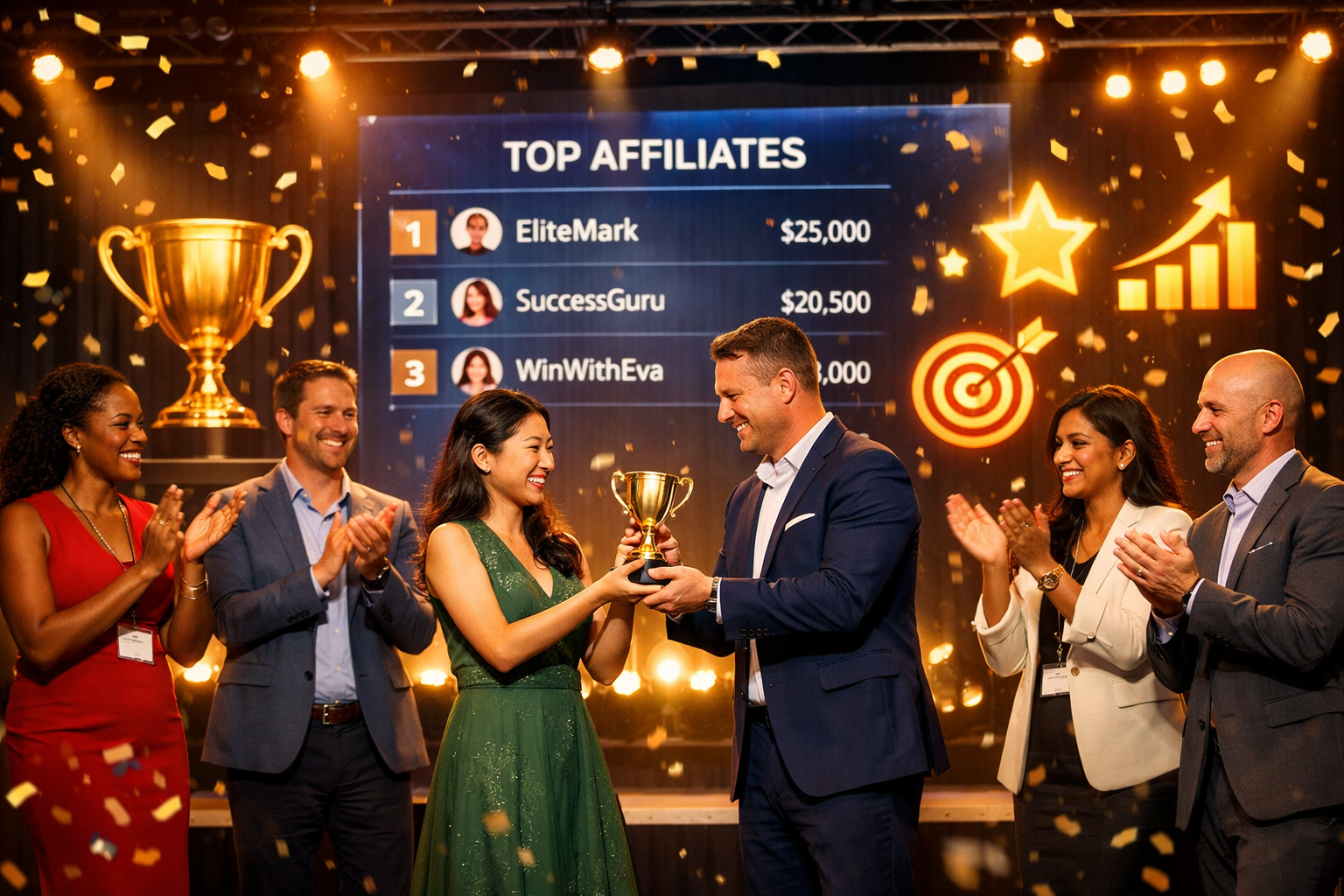 Evento di riconoscimento e celebrazione dei successi degli affiliati con un gruppo diversificato che festeggia i risultati