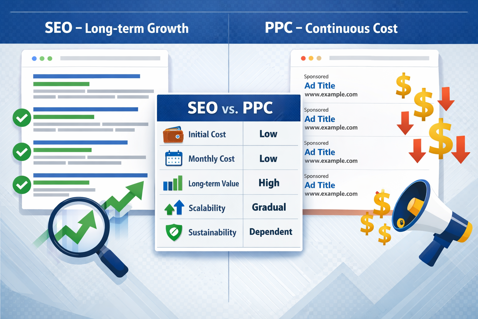 SEO vs PPC comparison infographic showing cost and value differences