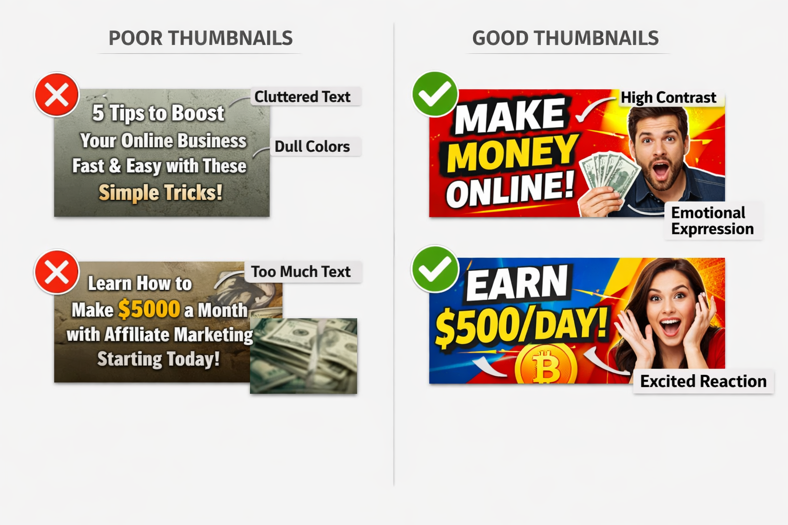 YouTube thumbnail design comparison showing good vs bad examples with annotations