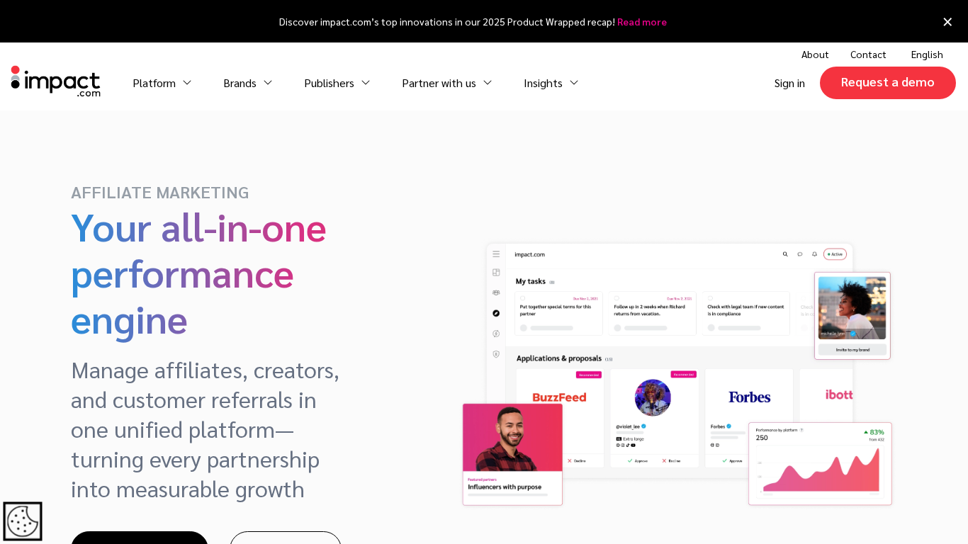 Interfaccia della piattaforma di gestione affiliate di Impact che mostra automazione delle partnership e analisi