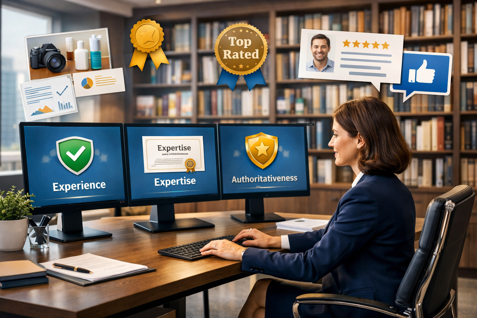 Content quality and E-E-A-T principles visualization showing expertise and trustworthiness