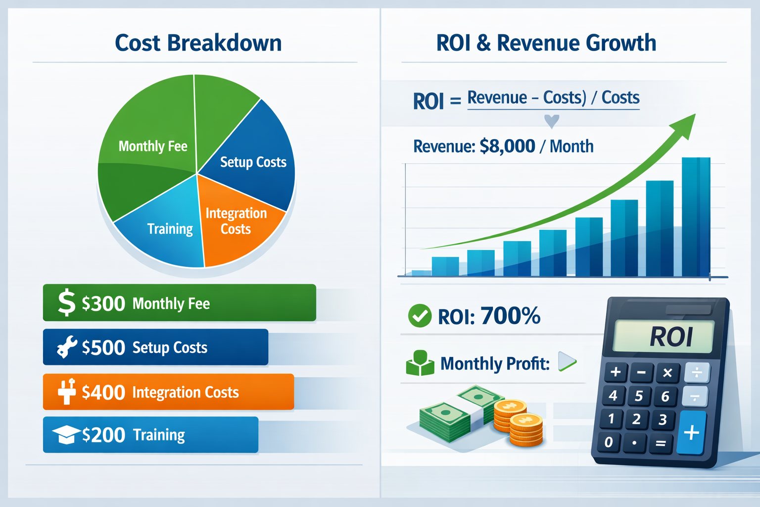 Visualizzazione di calcolo ROI e analisi costi per l’investimento in software di affiliazione