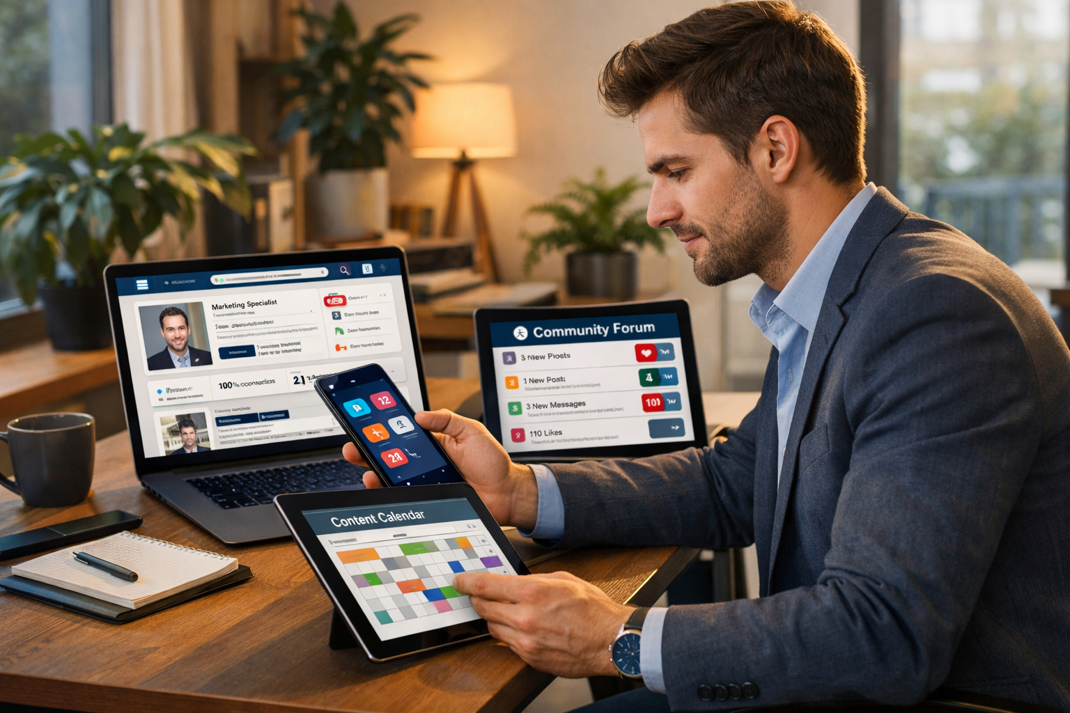 Professionista che usa diversi dispositivi per il social media engagement e il lead nurturing