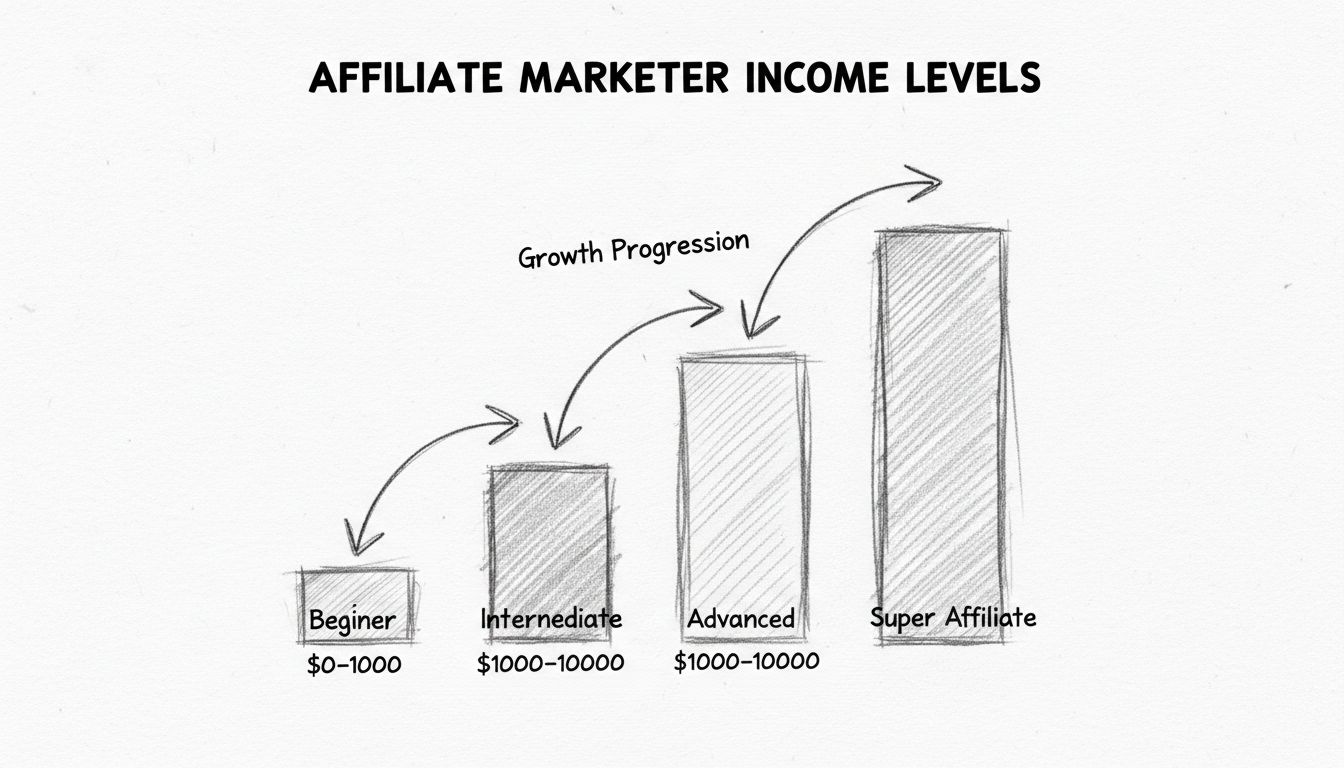 Ripartizione dei guadagni degli affiliate marketer per livello di esperienza, dalla fase principiante al super affiliato