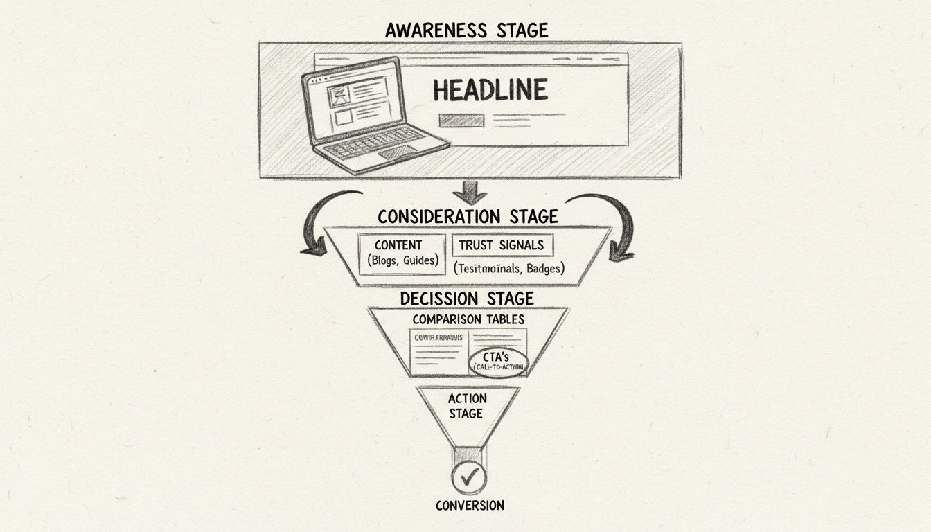 Diagramma del funnel di conversione che mostra le fasi di consapevolezza, considerazione, decisione e azione con flusso visivo