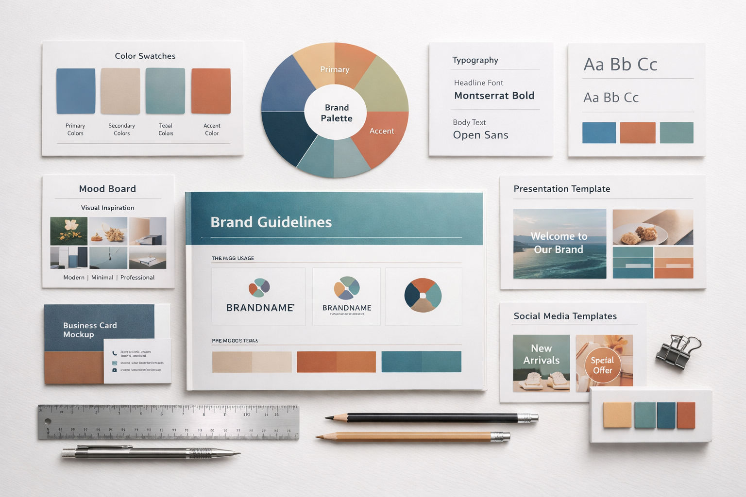 Professional brand identity materials showing color swatches and visual consistency elements