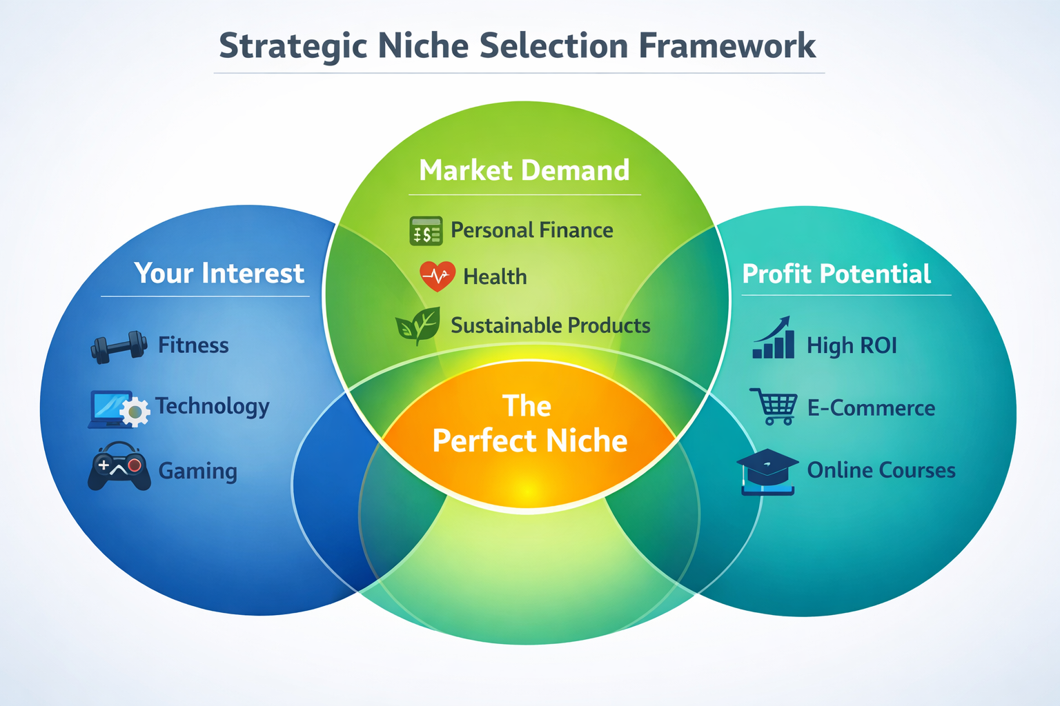 Niche Selection Framework showing intersection of Interest, Market Demand, and Profit Potential