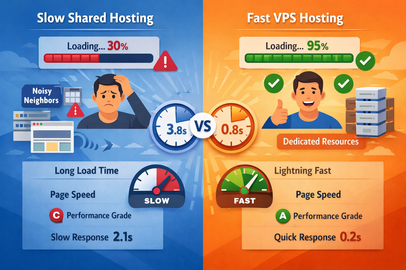 Confronto prestazioni tra tempi di caricamento lenti su hosting condiviso e veloci su VPS