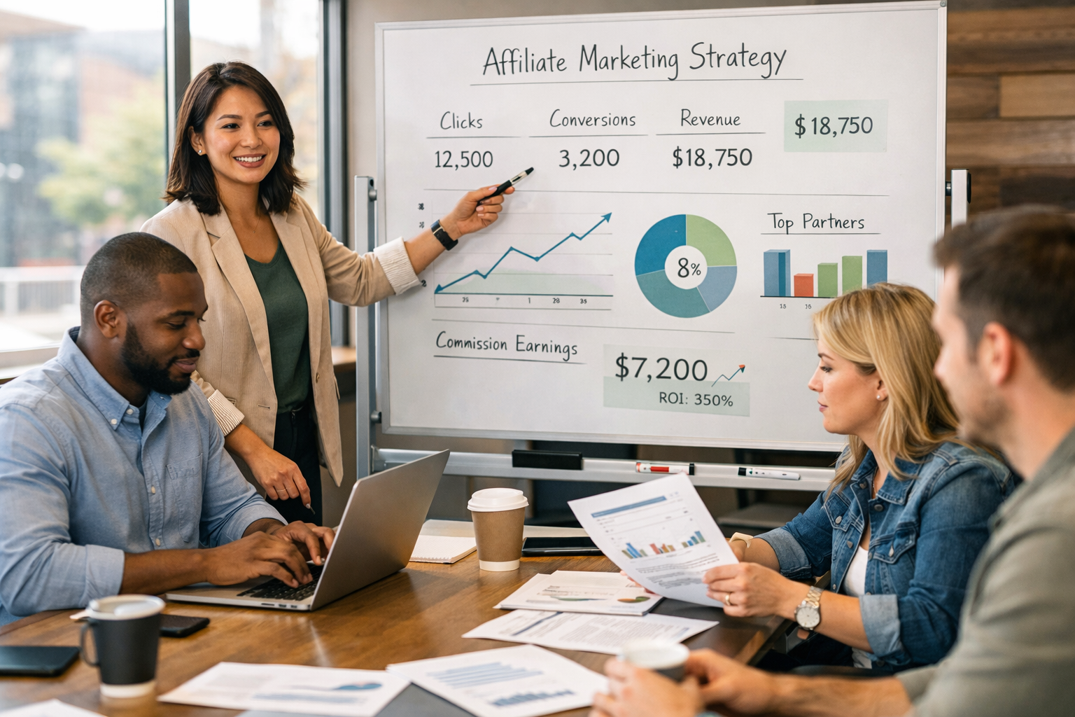 Team diversificato che collabora su una strategia di affiliate marketing in una sala conferenze moderna