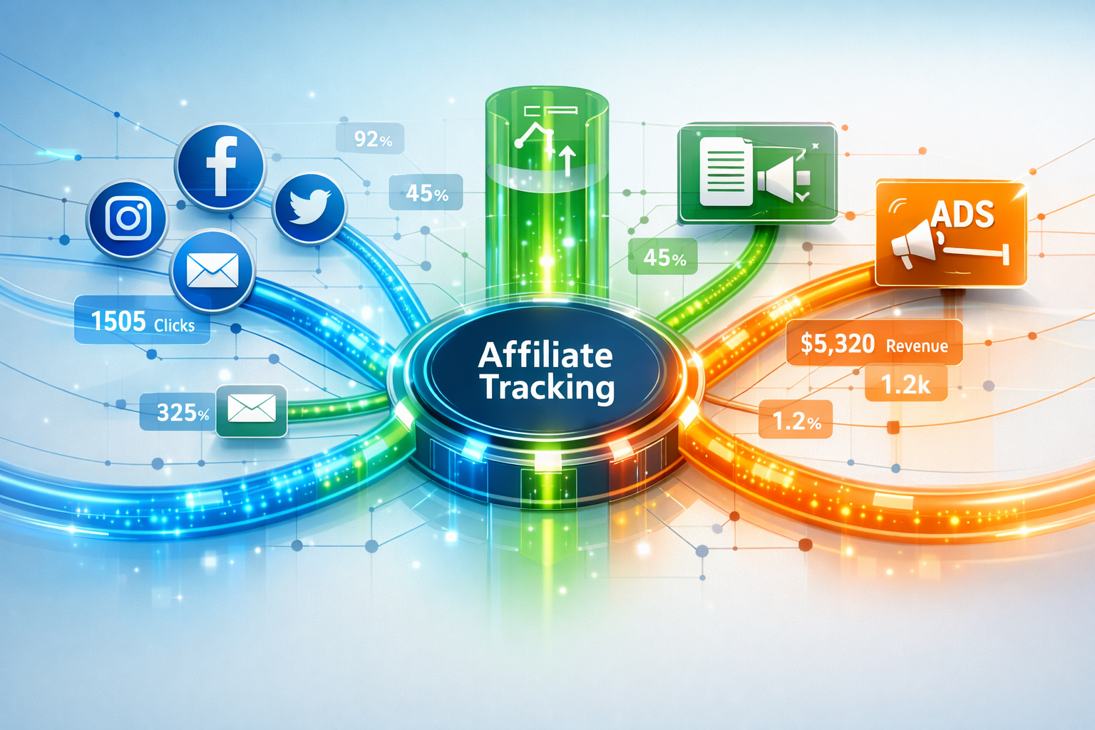 Visualizzazione di rete del tracciamento dei link affiliati che mostra flussi di dati interconnessi