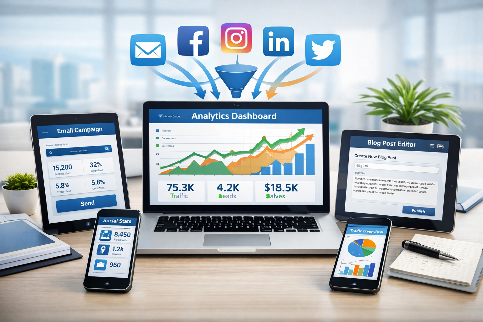 Dashboard di marketing digitale che mostra diverse fonti di traffico e canali con analitiche