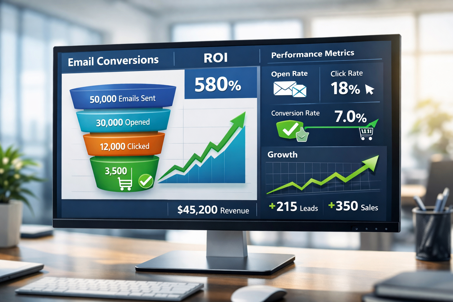 Cruscotto di analytics moderno che mostra metriche di performance dell'email marketing con funnel di conversione, grafici in trend e indicatori ROI