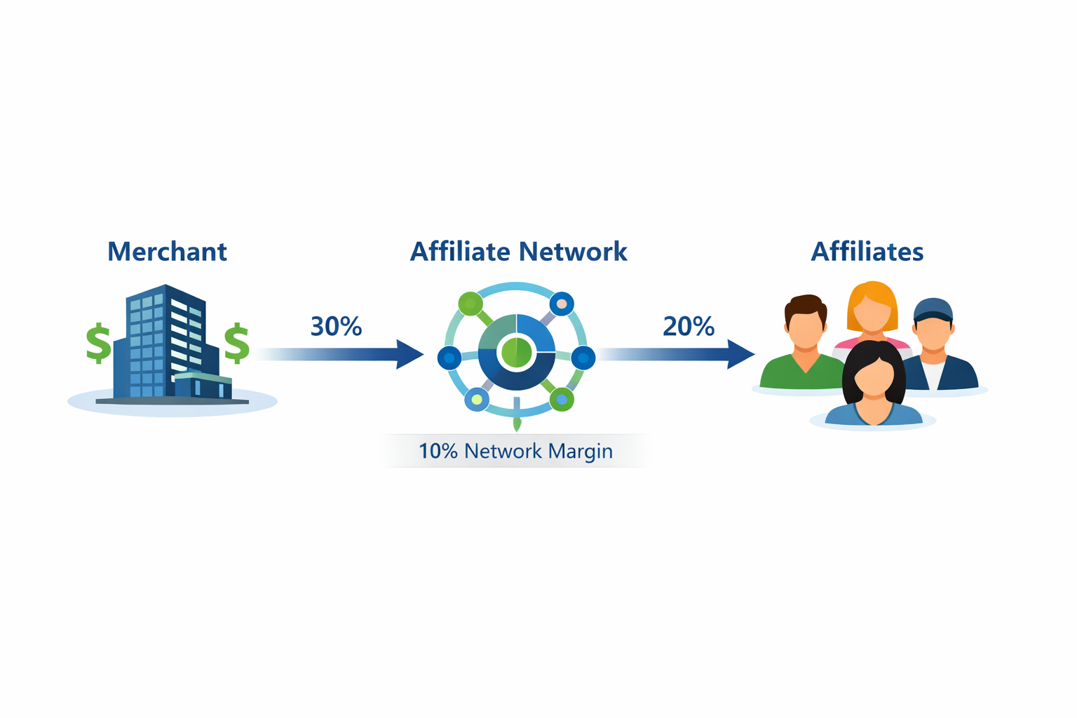 Affiliate network ecosystem showing merchant, network, and affiliate payment flow