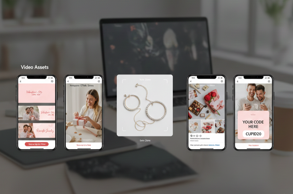 Asset di marketing affiliati social-first visualizzati su dispositivi mobili che mostrano dimensioni per Instagram Stories, TikTok e post feed con esempi creativi di San Valentino