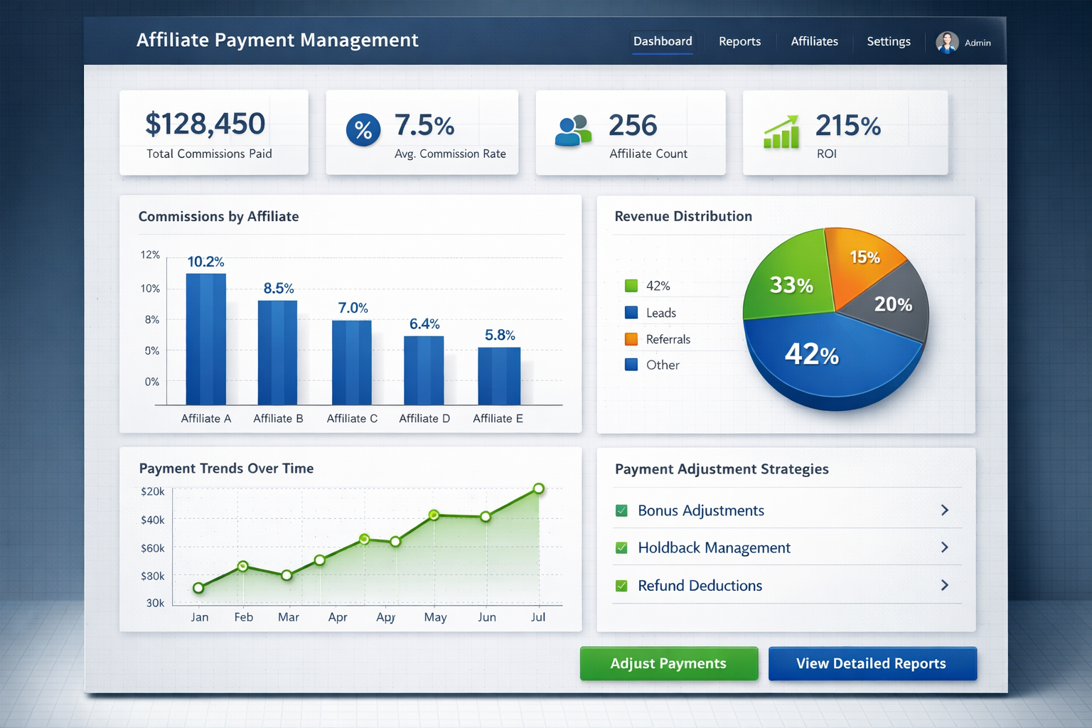 Professional affiliate payment management dashboard showing commission metrics and ROI analysis