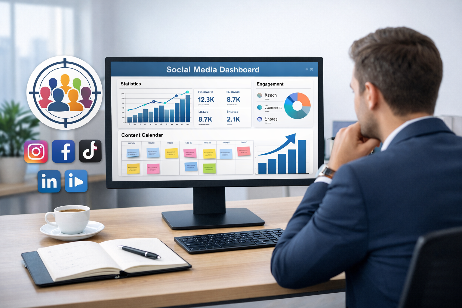 Pianificazione della strategia social con dashboard di analytics e calendario editoriale