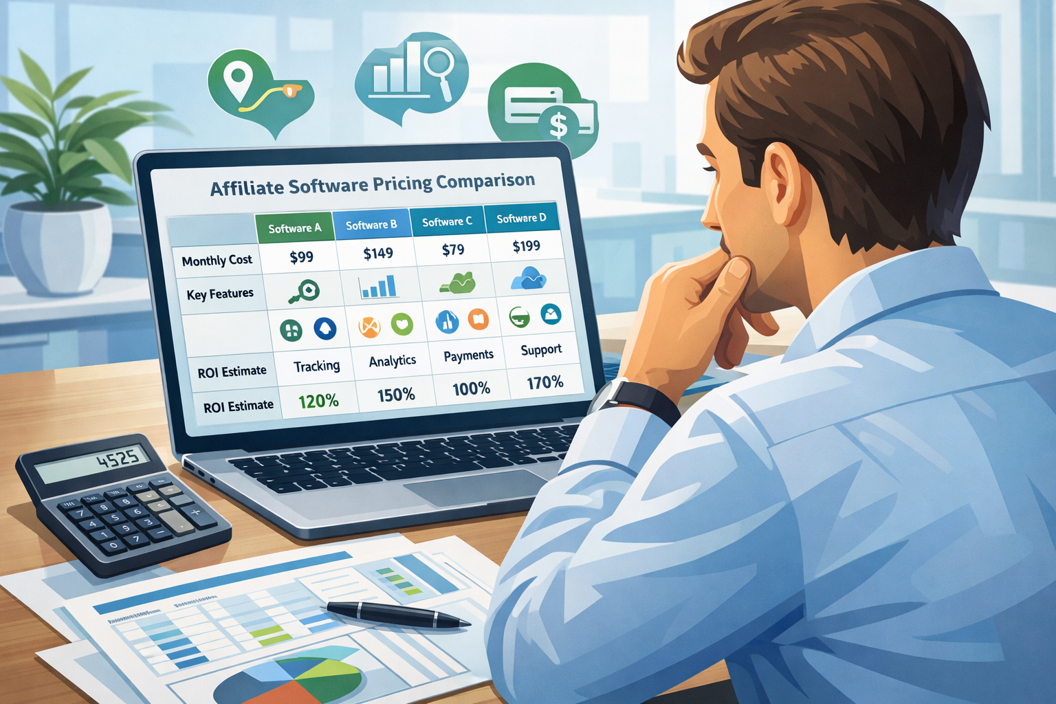 Professionista analizza un confronto prezzi software di affiliazione su schermo