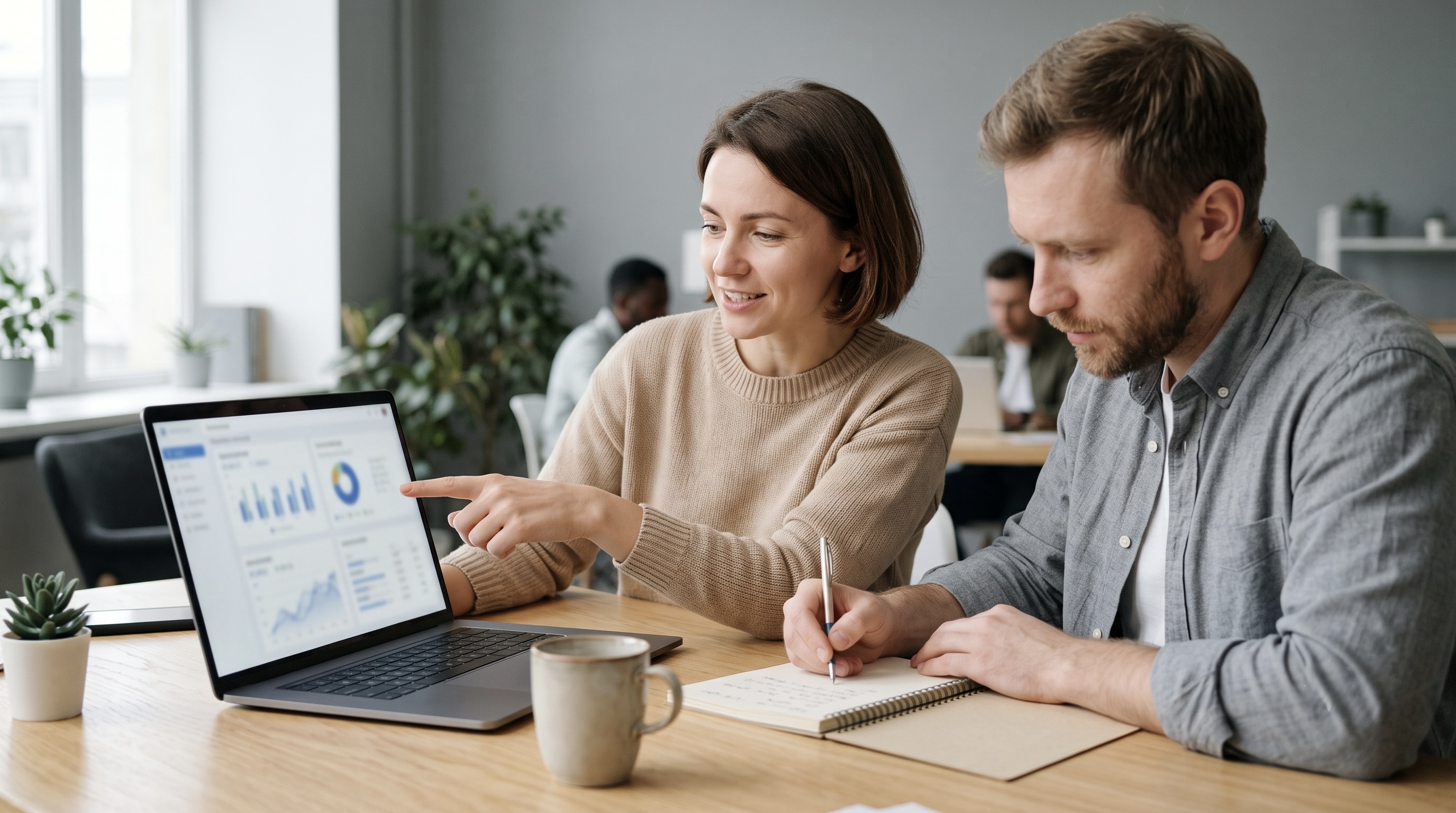 Due membri del team di marketing confrontano le opzioni di software per il monitoraggio degli affiliati su un cruscotto laptop