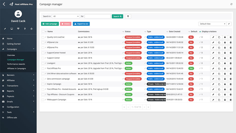 Panoramica campagne Post Affiliate Pro