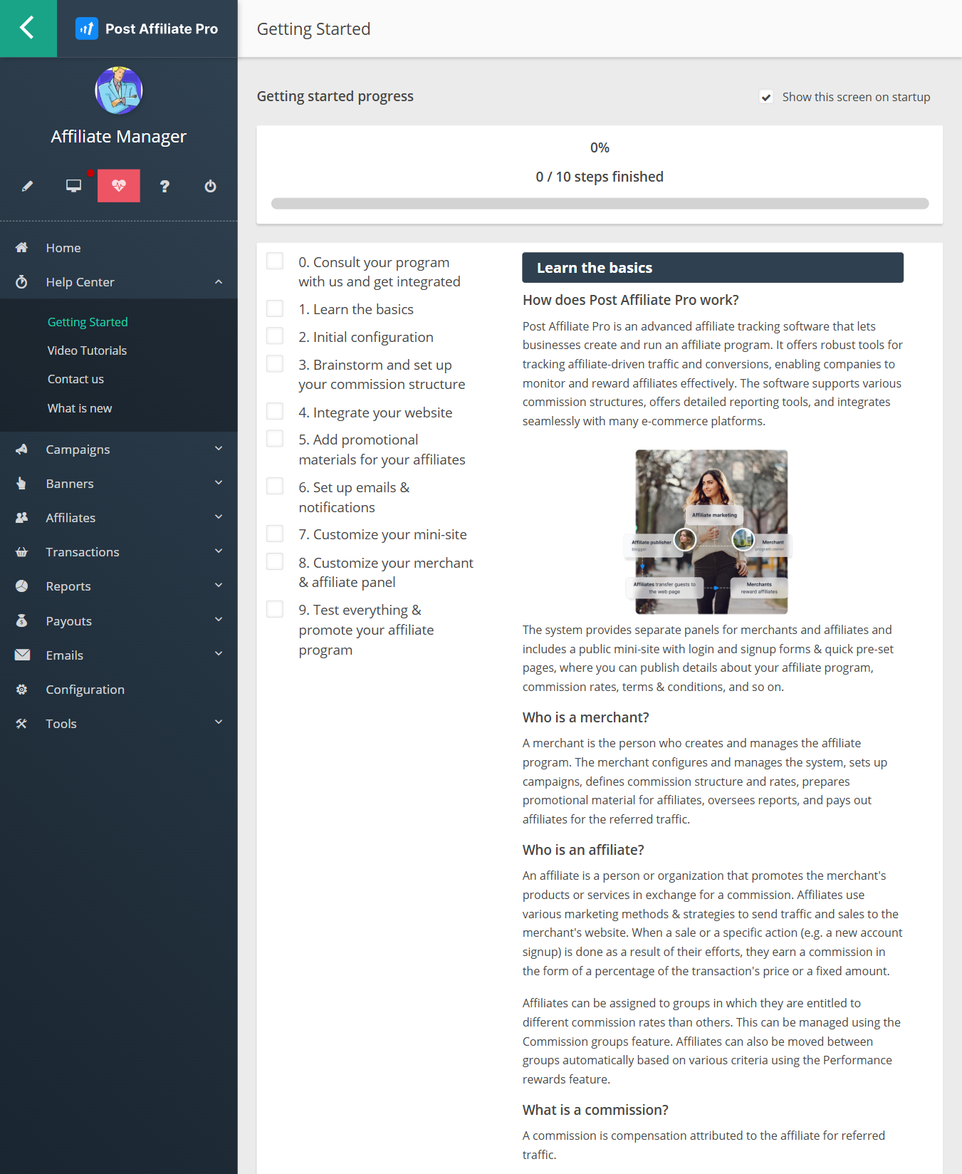 La nuova sezione Help Center di Post Affiliate Pro nel pannello dei commercianti, che mostra la sezione Introduzione, tutorial video e le novità di Post Affiliate Pro.