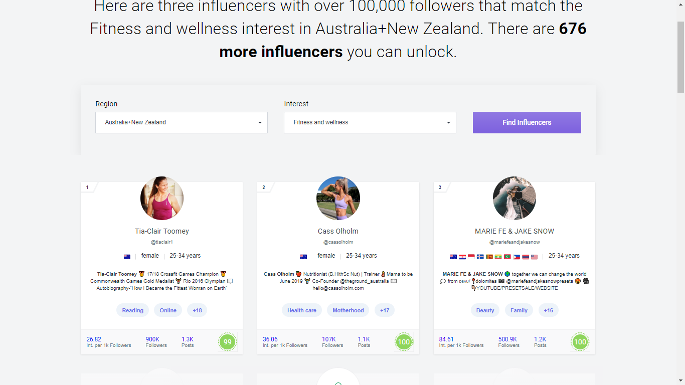 Results for influencer search in Australia and New Zealand using Social Bakers