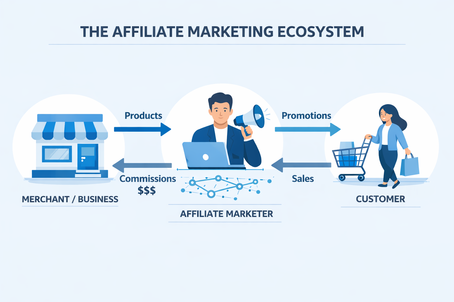 Affiliate marketing ecosystem showing merchant, affiliate marketer, and customer with tracking links and commission flow