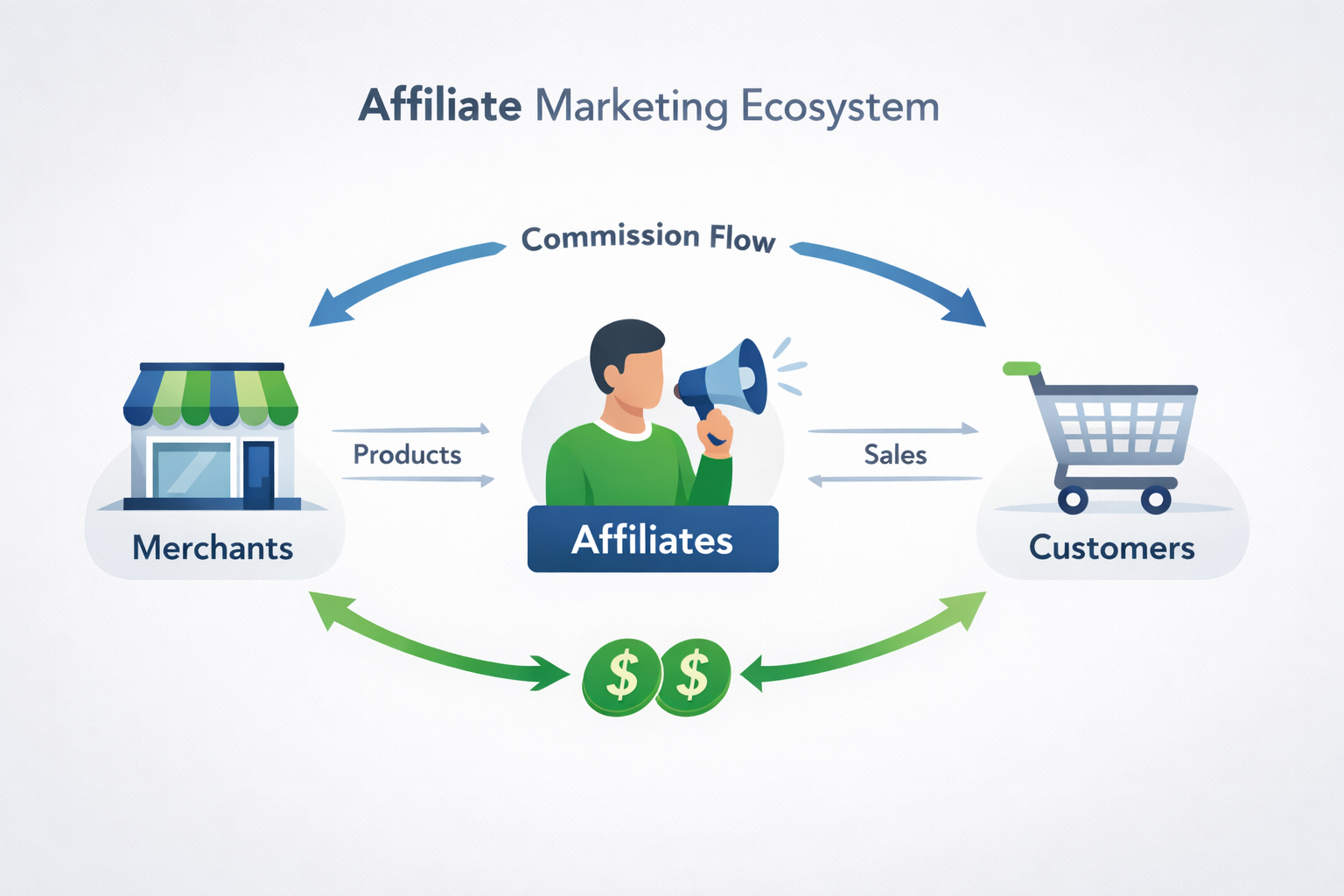 Affiliate marketing ecosystem diagram showing merchants, affiliates, customers, and commission flow
