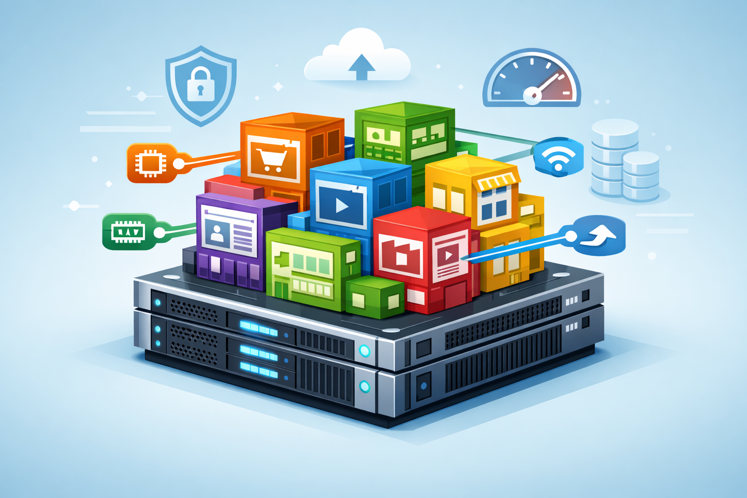 Concetto di hosting web condiviso che mostra più siti web che condividono risorse su un singolo server