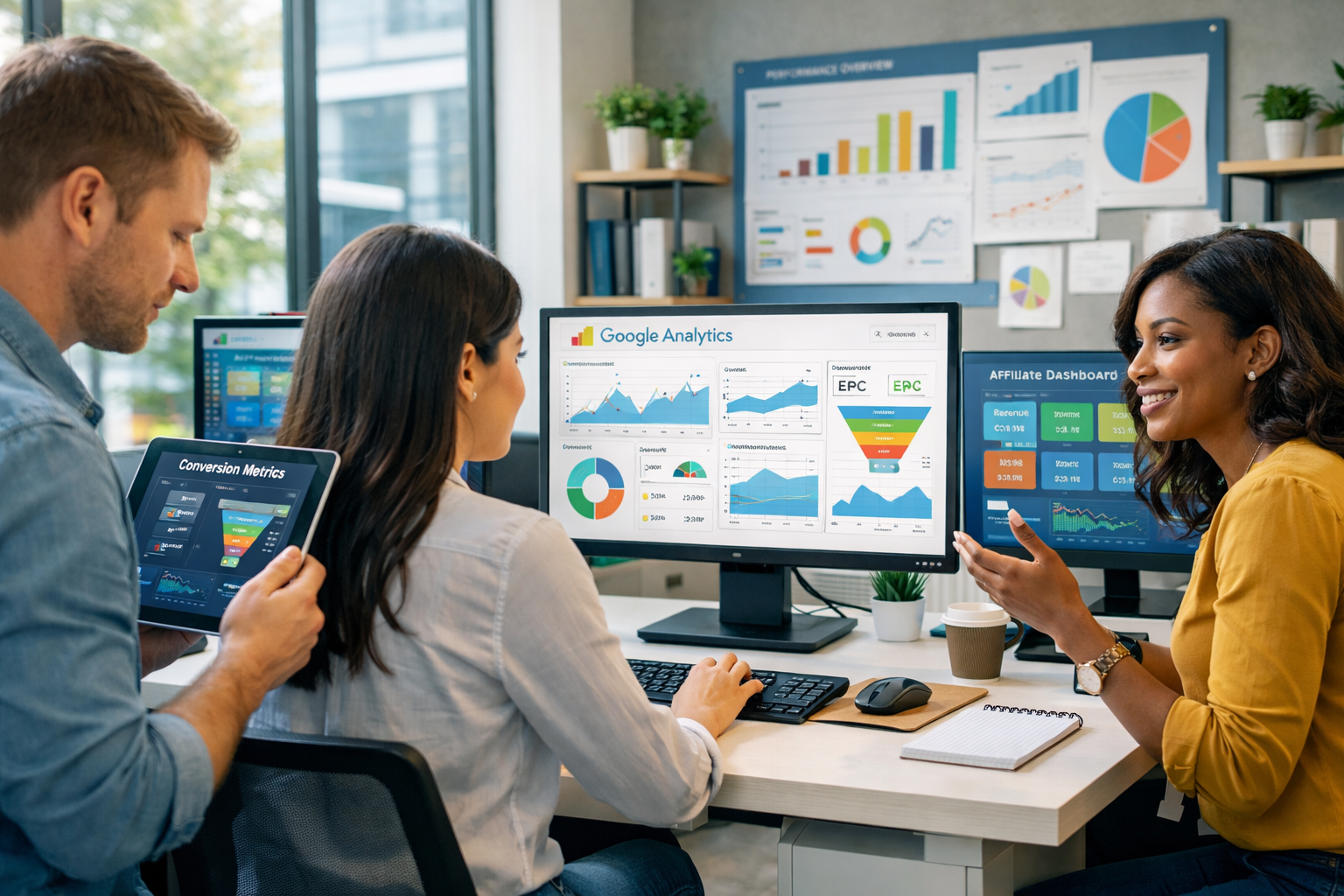 Professional affiliate marketing team analyzing data and metrics on multiple computer screens in a modern office environment