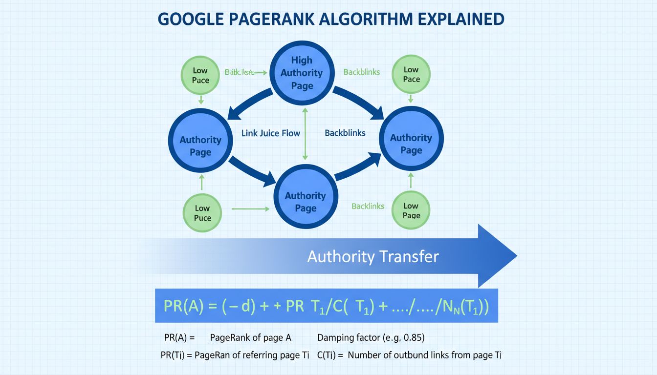 Diagramma della rete dell'algoritmo PageRank che mostra il flusso dei link e il trasferimento di autorevolezza tra pagine web