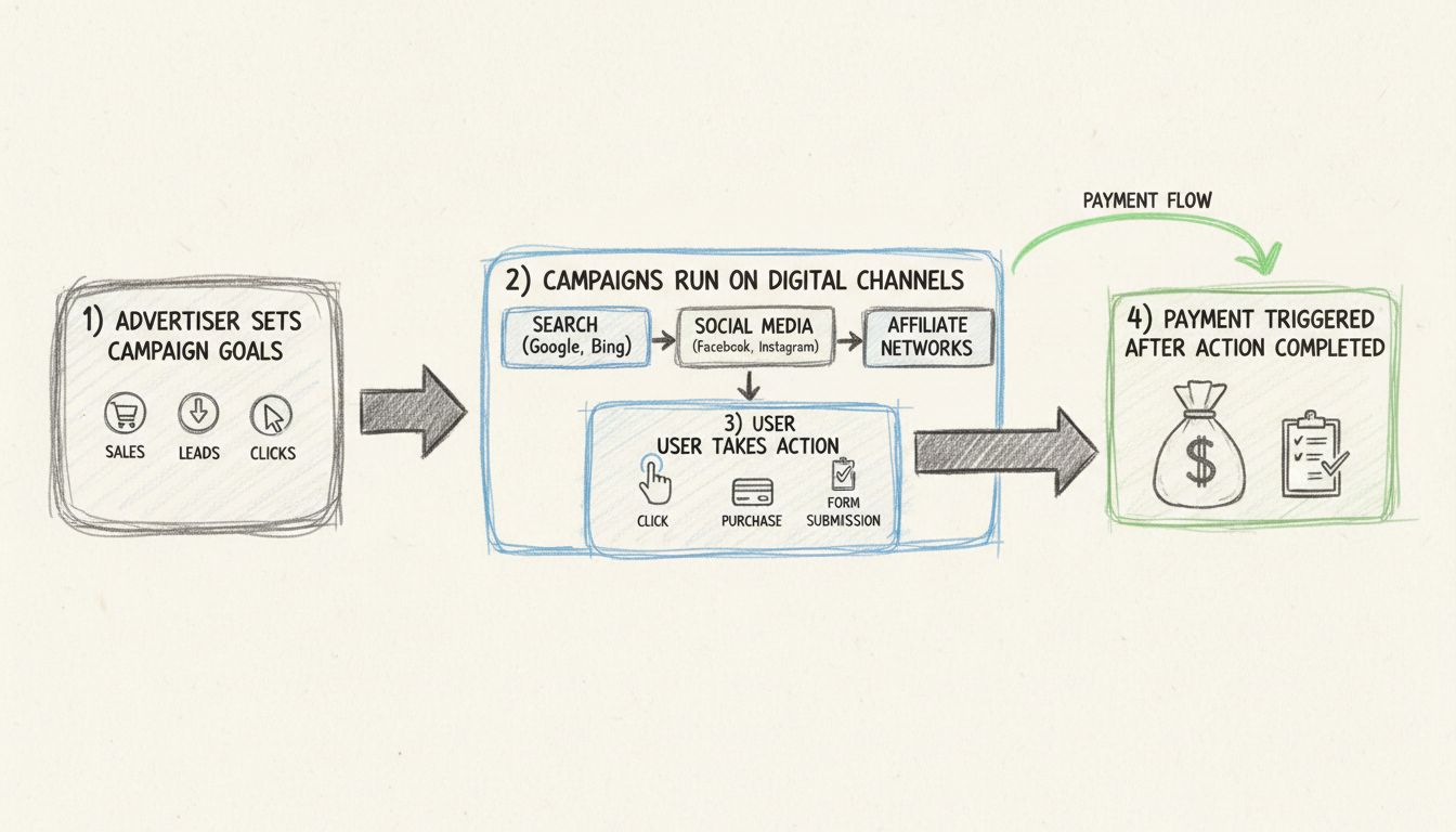 Diagramma del flusso di lavoro del marketing basato sulle performance che mostra obiettivi di campagna, canali digitali, azioni degli utenti e trigger di pagamento