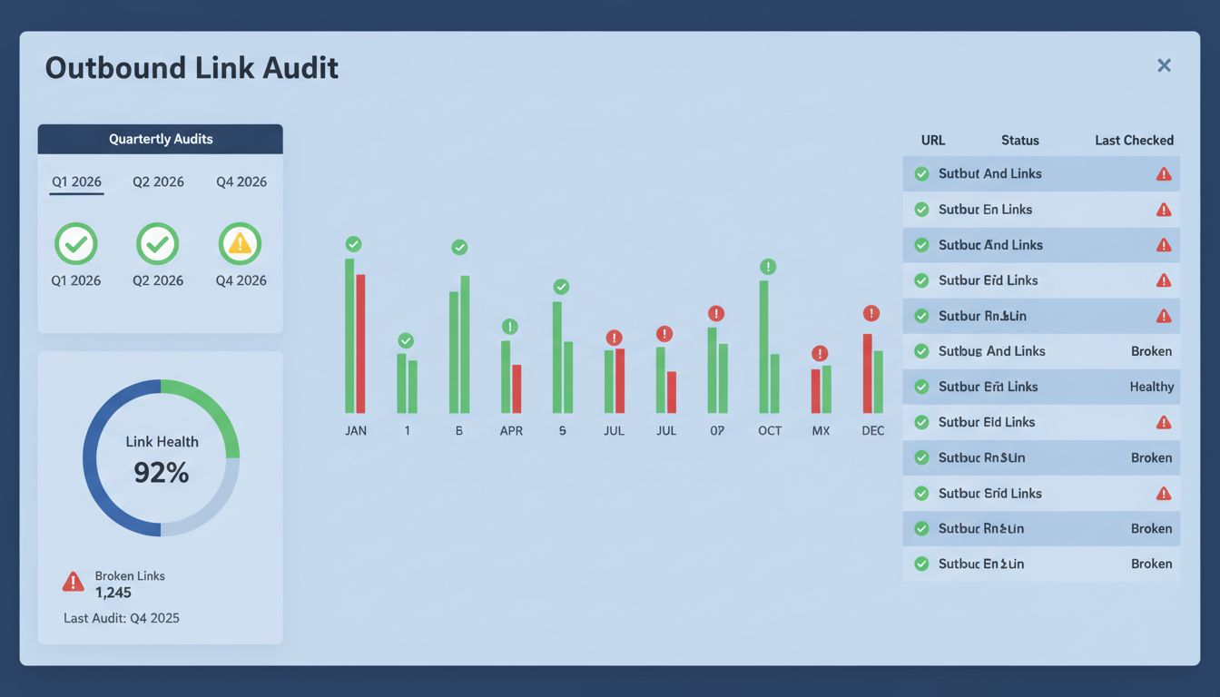 Dashboard professionale che mostra il programma di audit trimestrale dei link in uscita con metriche sulla salute dei link e rilevamento dei link interrotti