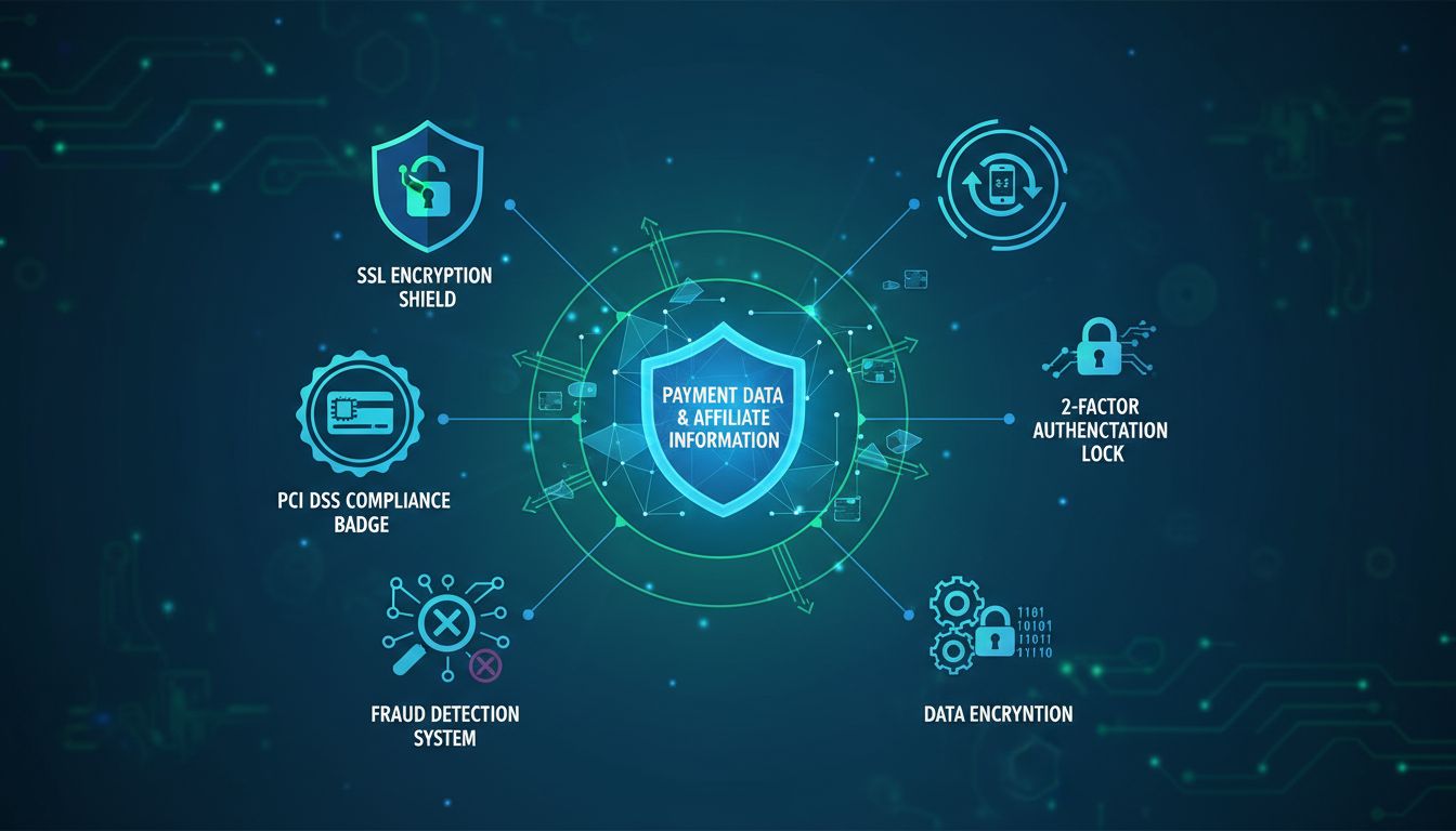 Livelli di sicurezza dei plugin di affiliazione inclusi crittografia SSL, conformità PCI DSS, autenticazione 2FA, rilevamento frodi e crittografia dei dati