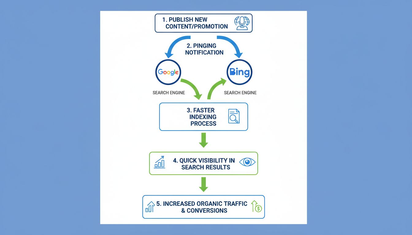Infografica che mostra come il pinging avvantaggi gli affiliati: dal flusso di pubblicazione dei contenuti alla notifica ai motori di ricerca fino a indicizzazione rapida e aumento delle conversioni