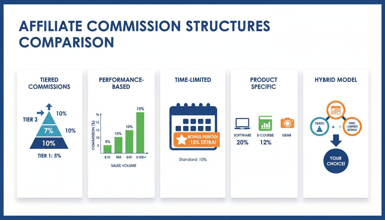 Confronto tra strutture di commissioni affiliate che mostra modelli a livelli, basati sulle performance, a tempo limitato, specifici per prodotto e ibridi con percentuali e rappresentazioni visive