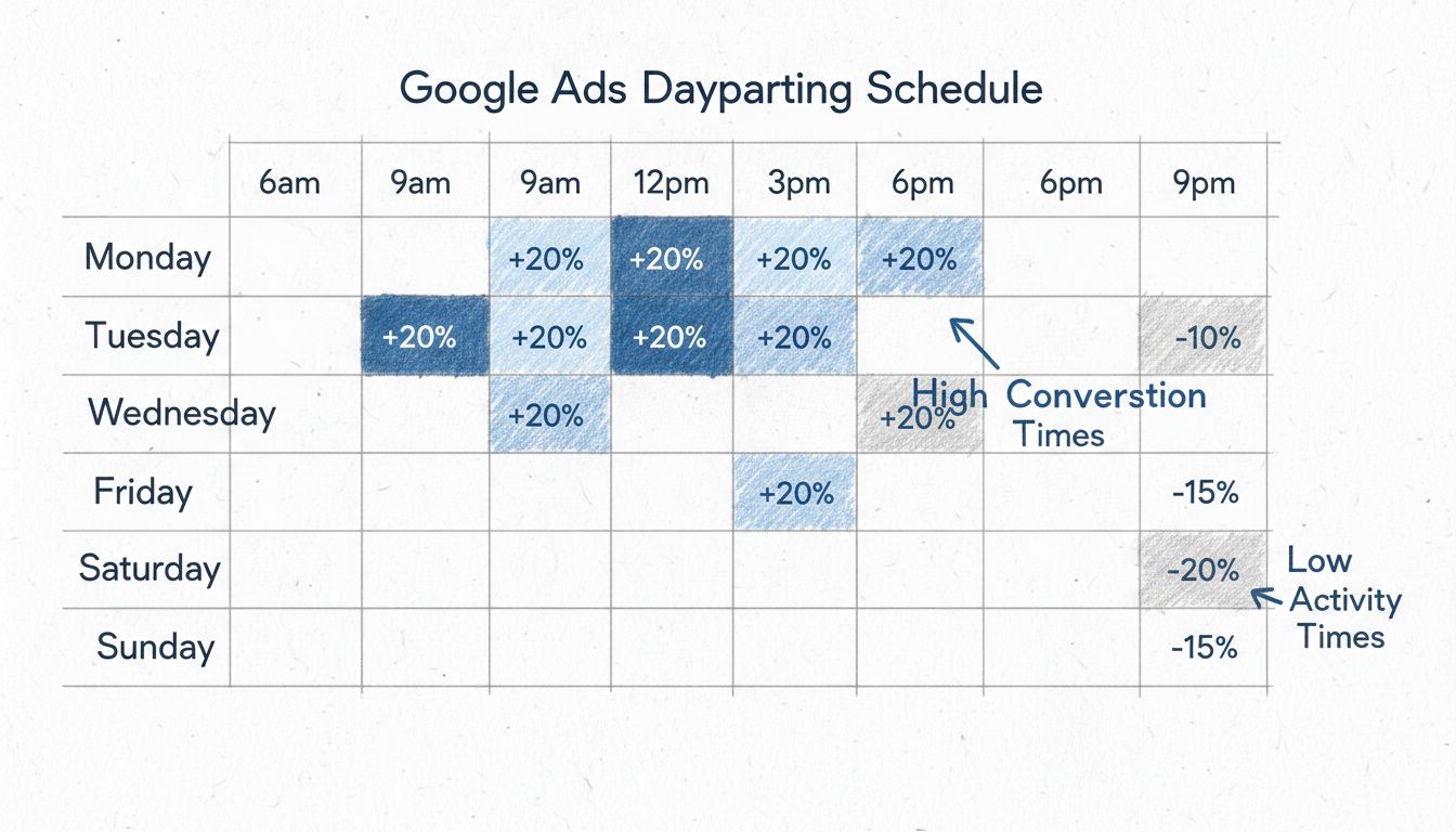 Diagramma programma dayparting Google Ads che mostra il calendario settimanale con fasce orarie e aggiustamenti delle offerte