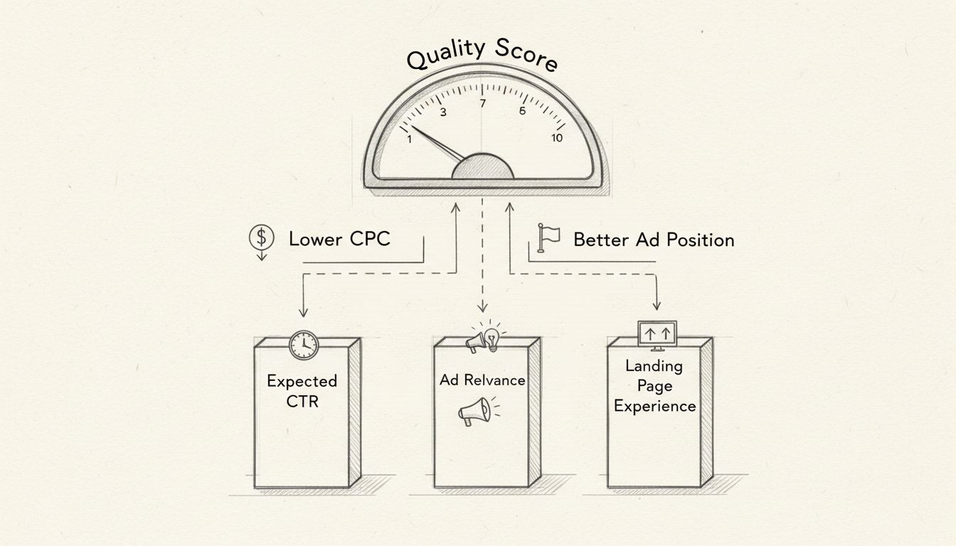 Diagramma dei componenti del Quality Score che mostra i pilastri CTR Atteso, Pertinenza Annuncio ed Esperienza Landing Page che portano al misuratore del Quality Score con i benefici di CPC inferiore e migliore posizione annuncio