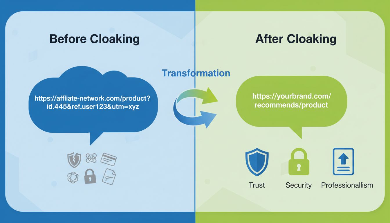 Confronto tra oscuramento dei link affiliati che mostra la trasformazione da URL disordinato a link brandizzato e pulito