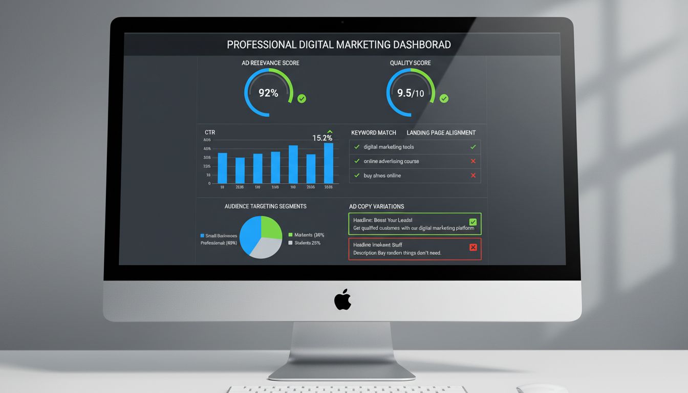 Dashboard delle metriche di pertinenza degli annunci che mostra quality score, CTR e performance delle parole chiave