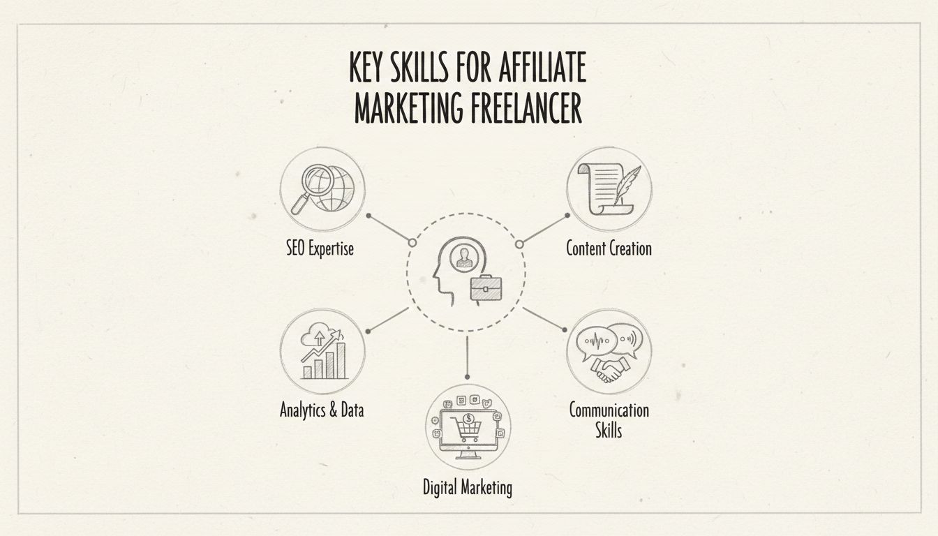 Infografica che mostra le competenze chiave per un freelance di affiliate marketing tra cui esperienza SEO, creazione di contenuti, analisi dei dati, capacità di comunicazione e digital marketing