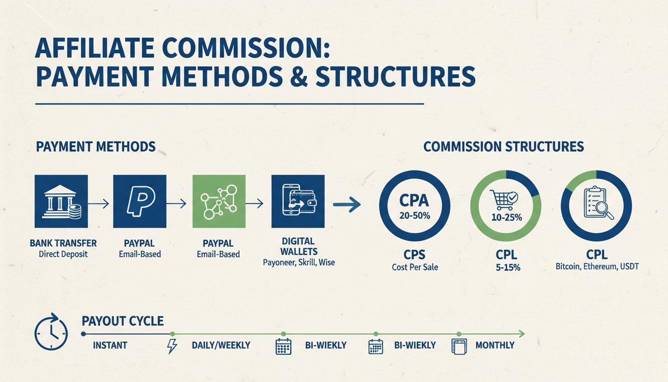 Metodi e strutture di pagamento delle commissioni affiliate: infografica che mostra i modelli CPA, CPS, CPL e varie opzioni di pagamento