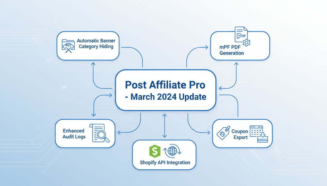 Diagramma tecnico che mostra le funzionalità dell'aggiornamento di marzo 2024 di Post Affiliate Pro tra cui nascondimento banner, generazione mPDF, log di audit, esportazione coupon e integrazione API Shopify con moduli interconnessi